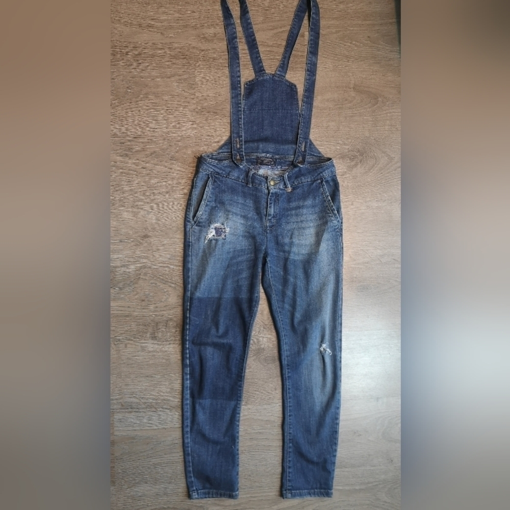 Y2K vintage BLUE denim distressed slim cut fly front bibless overall jean